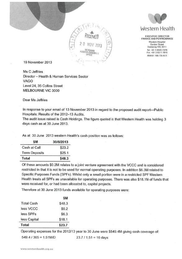 RESPONSE provided by the Chief Executive, Western Health