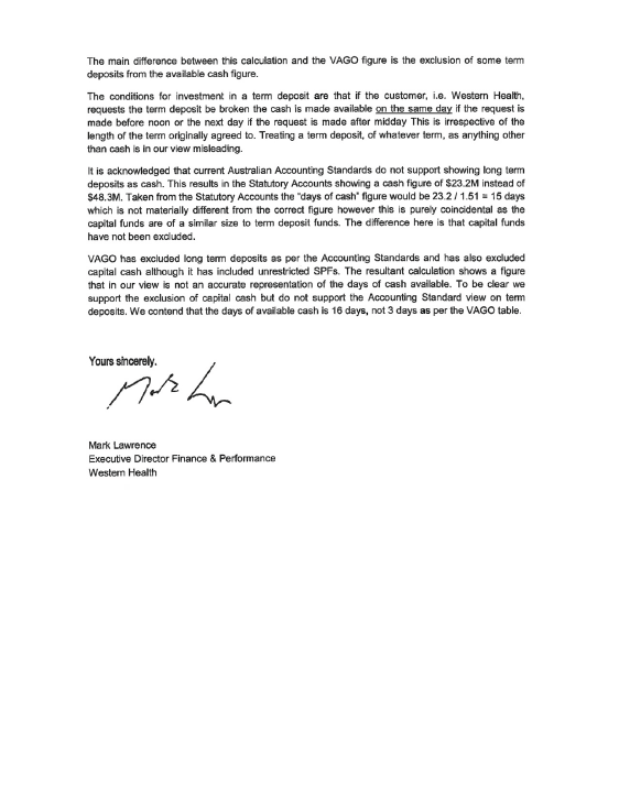 RESPONSE provided by the Chief Executive, Western Health - continued