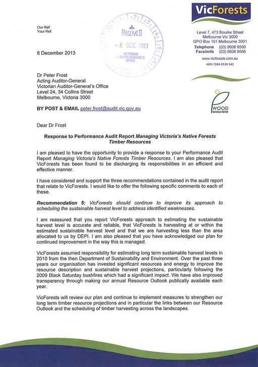RESPONSE provided by the Chairman, VicForests