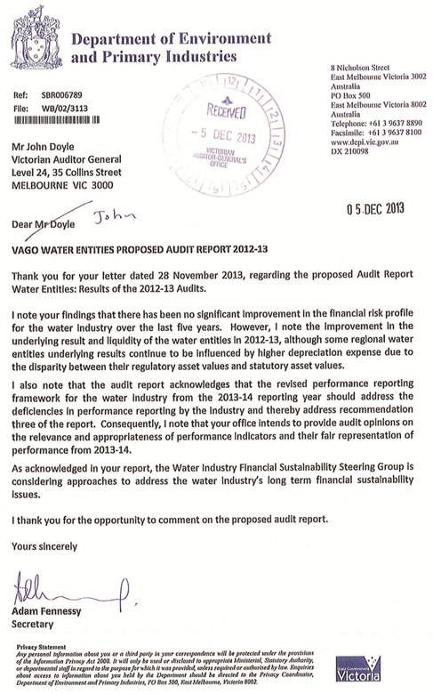 RESPONSE received from the Secretary, Department of Environment and Primary Industries
