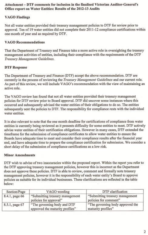 RESPONSE received from the Acting Secretary, Department of Treasury and Finance