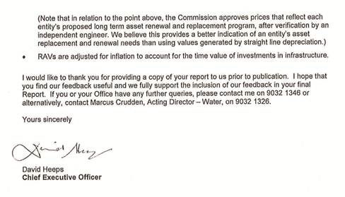RESPONSE received from the Chief Executive Officer, Essential Services Commission