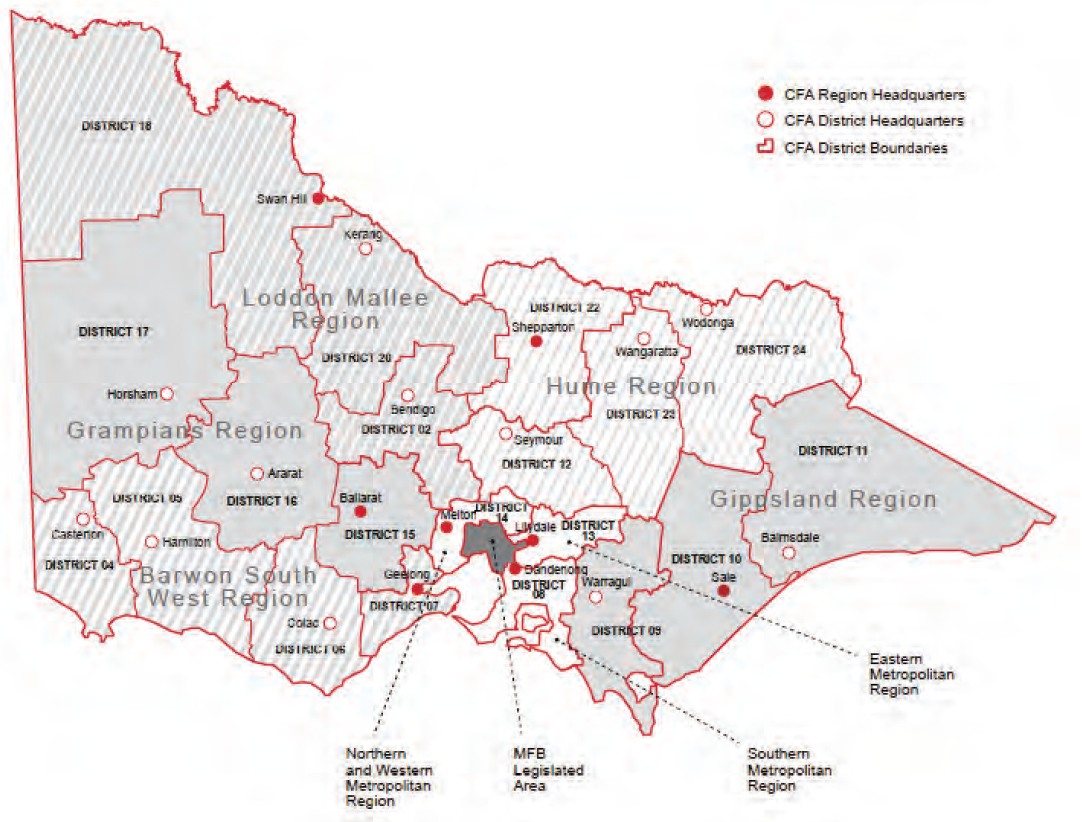 Figure 1G shows Country Fire Authority distribution of regions and districts