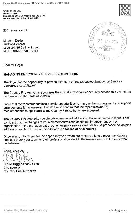 RESPONSE provided by the Chairperson, Country Fire Authority