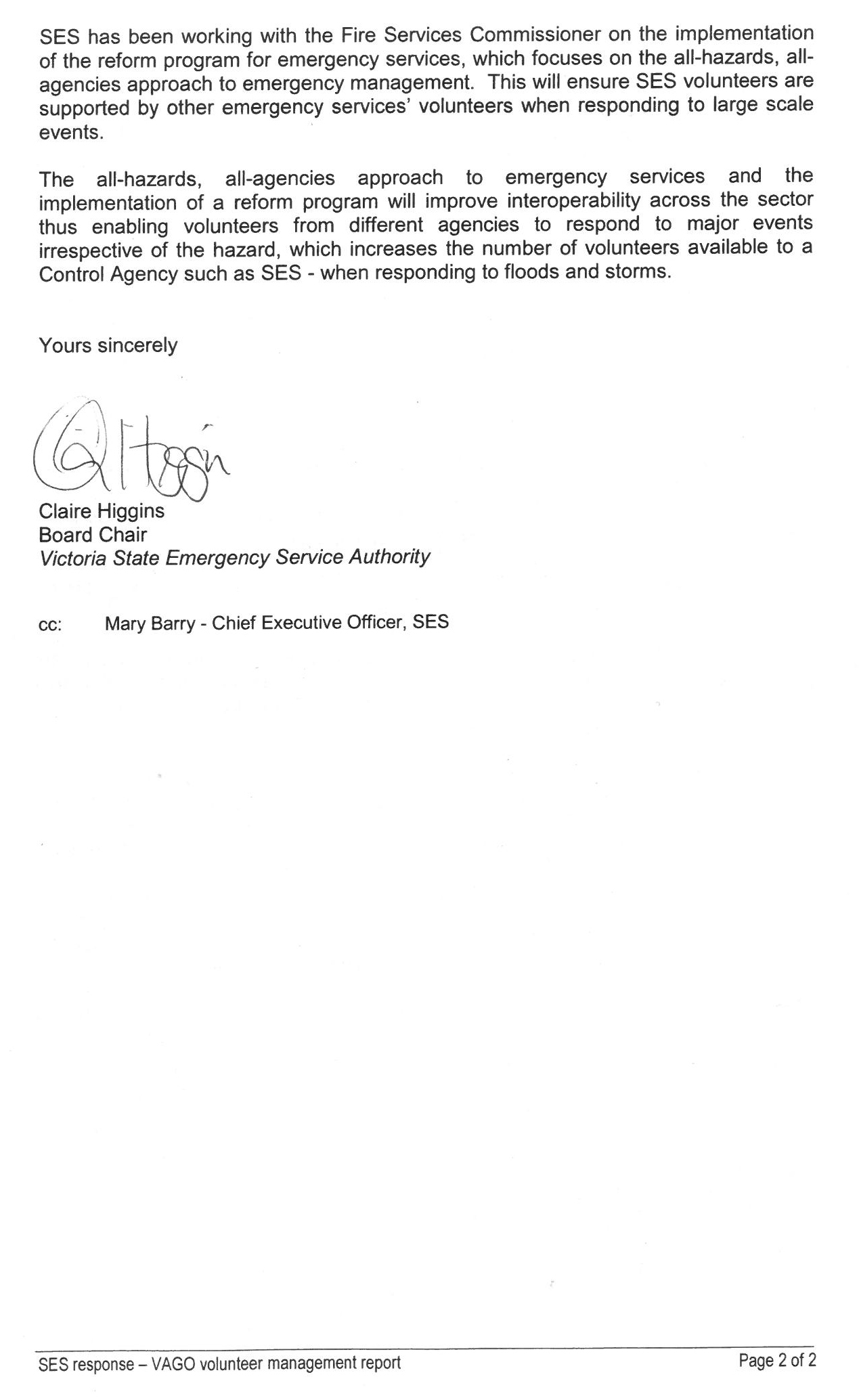 Second page of response provided by the Board
Chair, Victoria State Emergency Service Authority