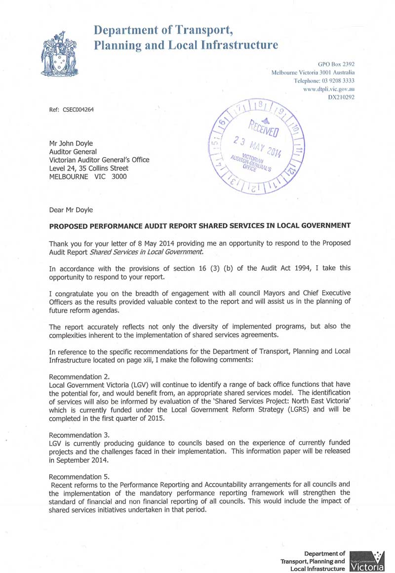 RESPONSE provided by the
Executive Director, Local Government Victoria for the Secretary, Department of
Transport, Planning and Local Infrastructure