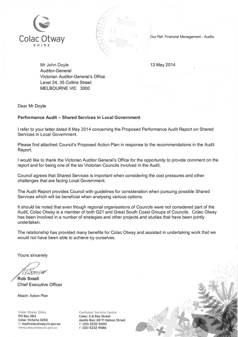 RESPONSE provided by the Chief
Executive Officer, Colac Otway Shire Council