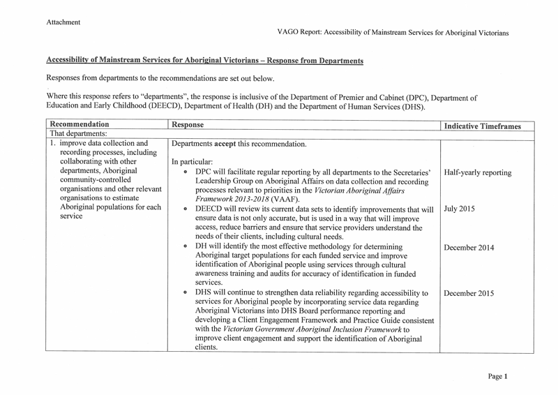 This is the collaborative response provided by the departments of Premier and Cabinet, Education and Early Childhood Development, Health and Human Services, page 1.