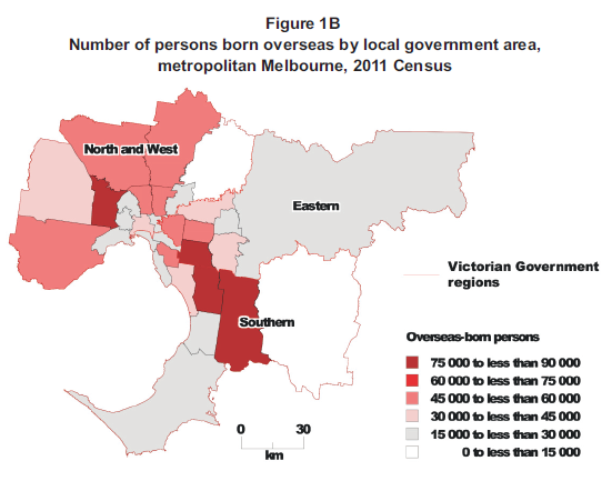 Number of persons born overseas by local government area, metropolitan Melbourne, 2011 Census.