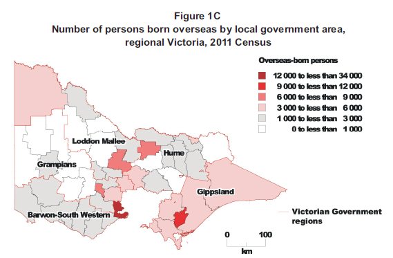 Number of persons born overseas by local government area, regional Victoria, 2011 Census.
