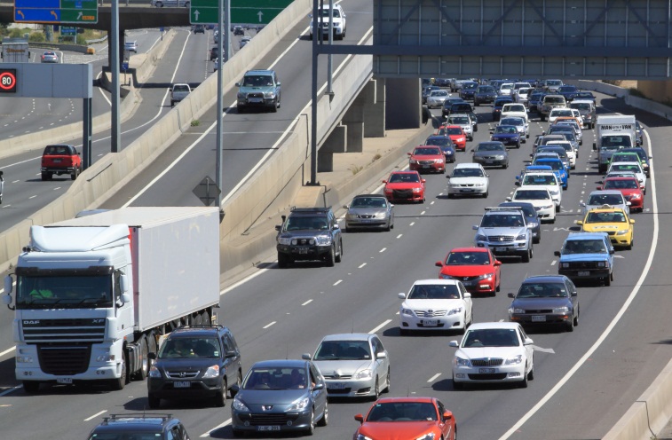 Image displays a traffic jam on a motorway in Melbourne.