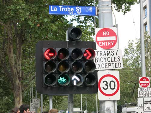 Image of a complex set of traffic lights.