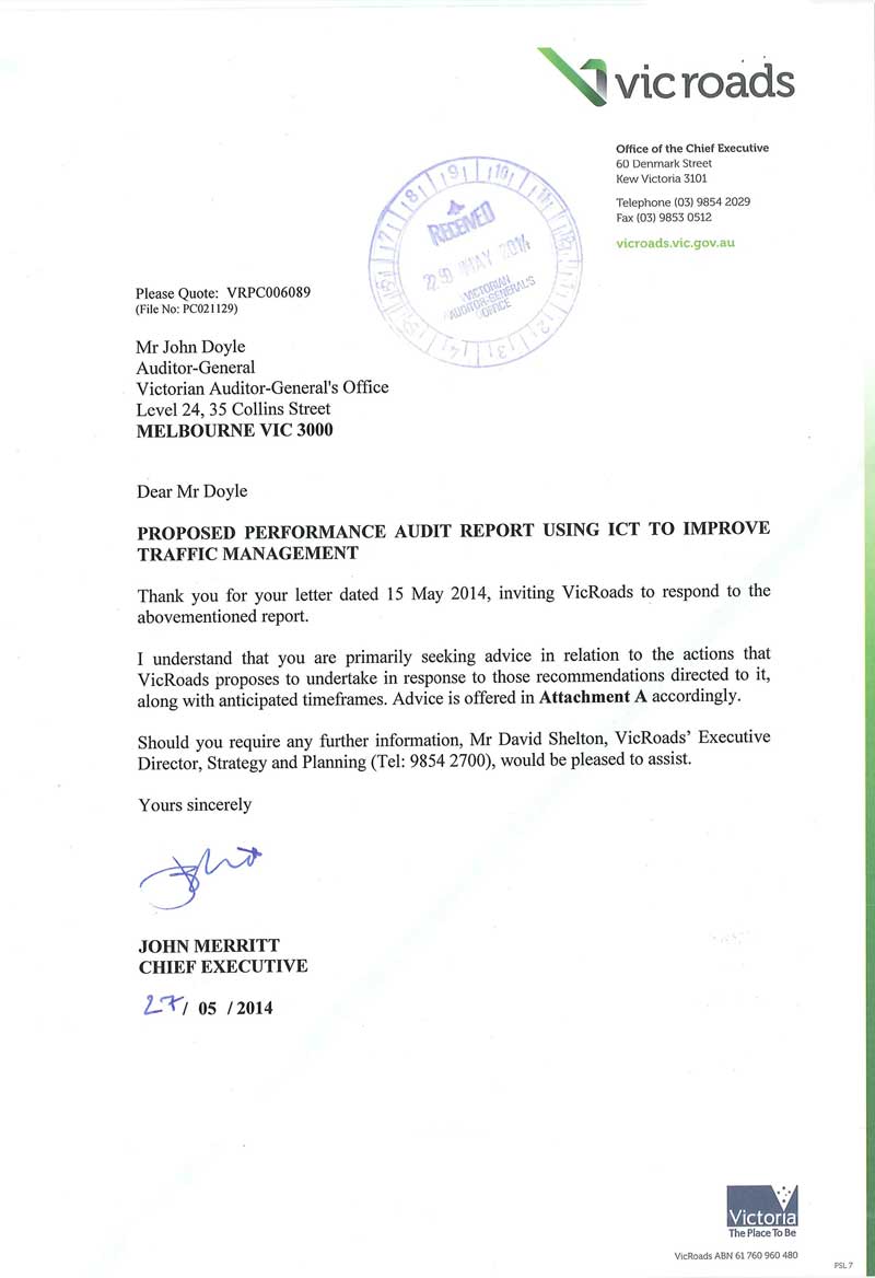 Response provided by the Chief Executive, VicRoads