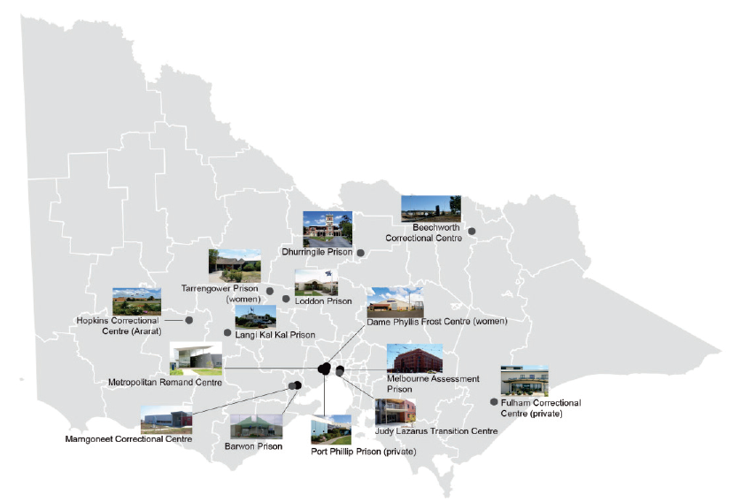 Image outlines the location of each of the 14 prisons across Victoria