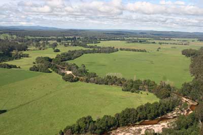 The photograph shows the Cann River Floodplain looking downstream, showing a linked corridor of native vegetation along the riparian areas.
Work undertaken under ECL tranche 3—Securing Priority Waterways.
Photograph courtesy of DEPI.