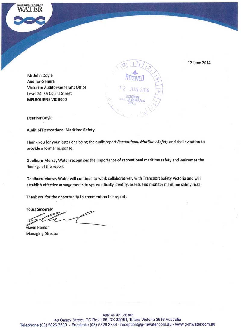 RESPONSE provided by the Managing Director, Goulburn‑Murray Rural Water Corporation