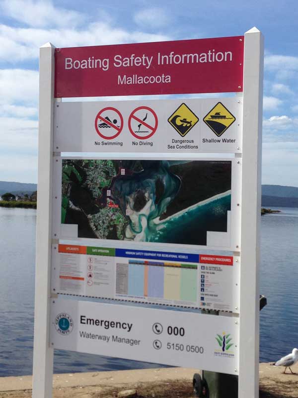 Image of sign in Mallacoota displaying boating safety information. Photograph courtesy of Eileen Hayes.