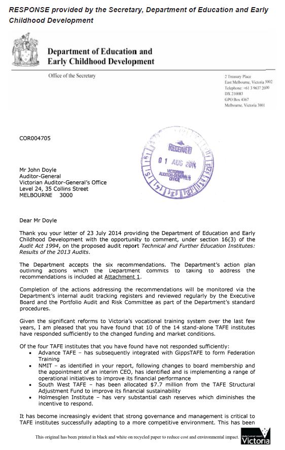 RESPONSE provided by the Secretary, Department of Education and Early Childhood Development