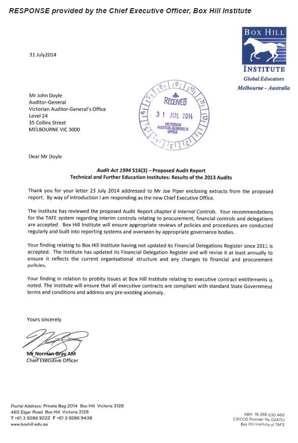Response provided by the Chief Executive Officer, Box Hill Institute