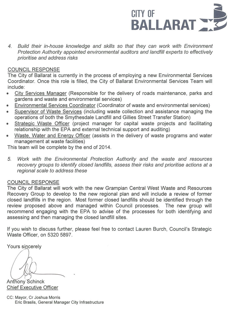 RESPONSE provided by the Chief
Executive Officer, Ballarat City Council – continued