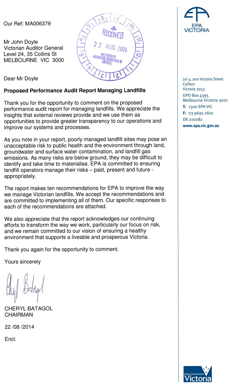 RESPONSE provided by the
Chairman, Environment Protection Authority
