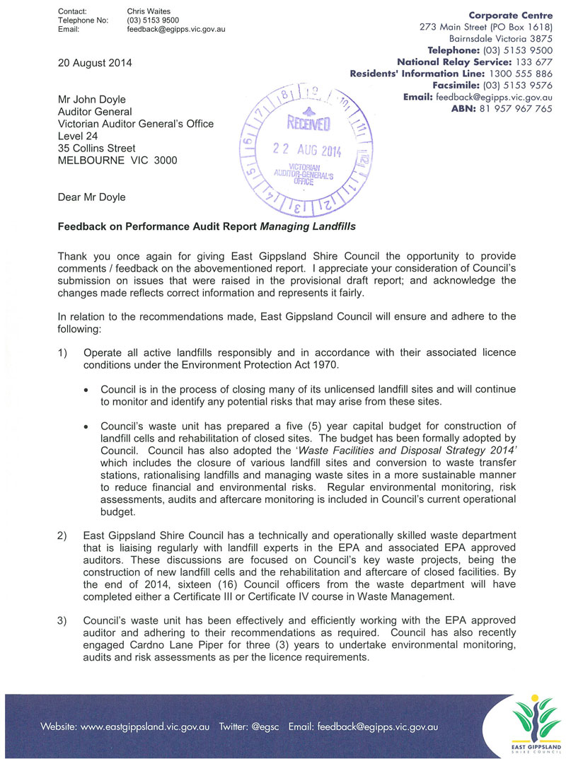 RESPONSE provided by the Mayor,
East Gippsland Shire Council