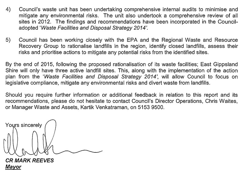 RESPONSE provided by the Mayor,
East Gippsland Shire Council – continued