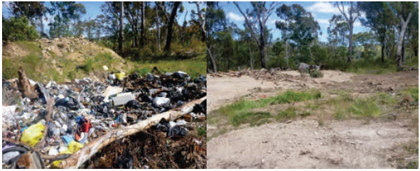 Image shows a small active, unlicensed landfill before and after rehabilitation has commenced. Courtesy of East Gippsland Shire Council.