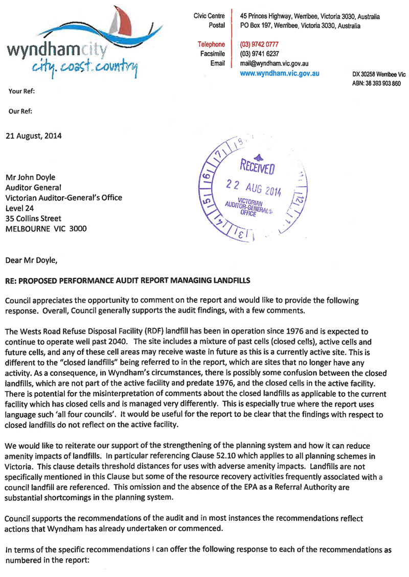RESPONSE provided by the Chief
Executive Officer, Wyndham City Council