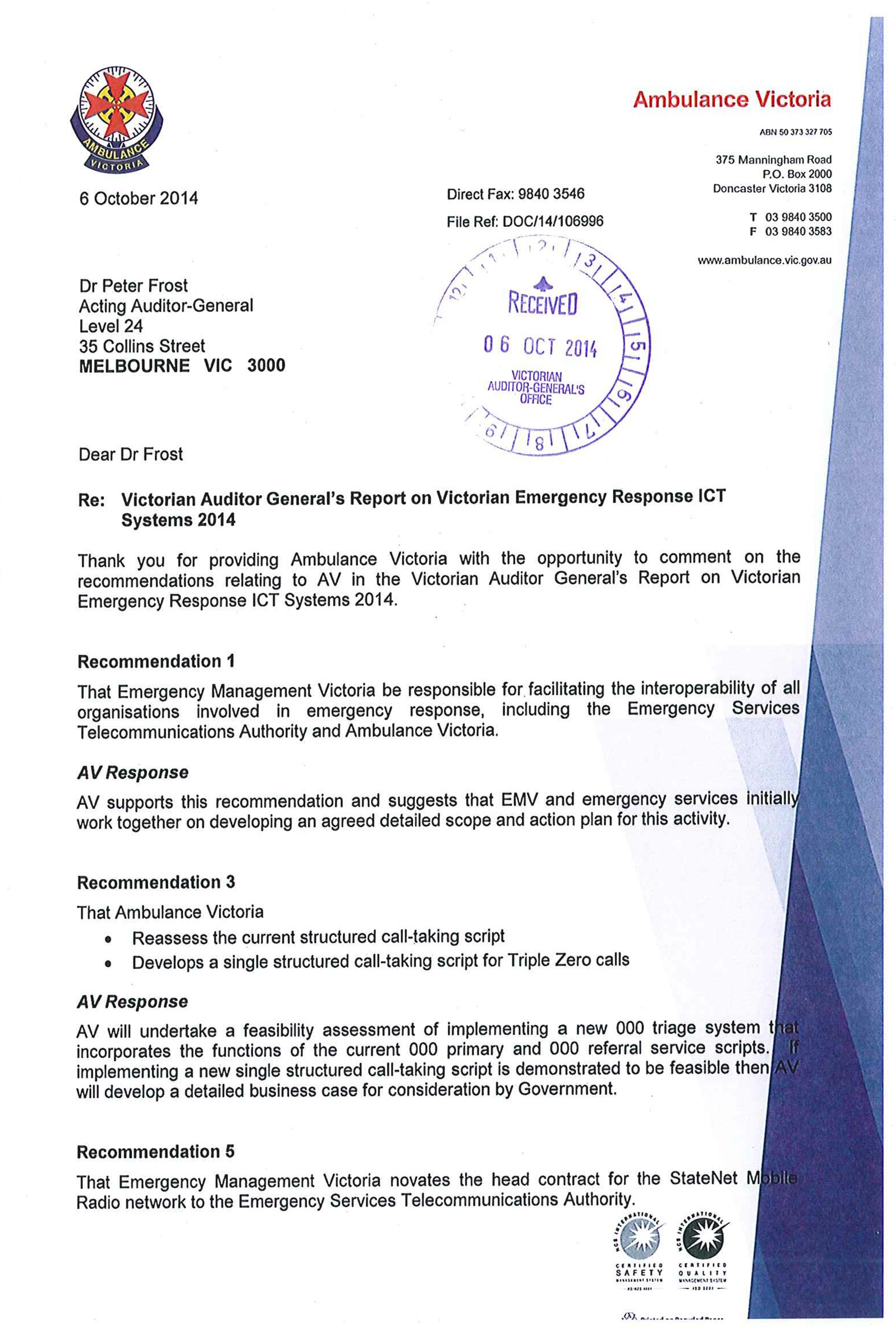 Image shows response provided by the Chief Executive Officer, Ambulance Victoria