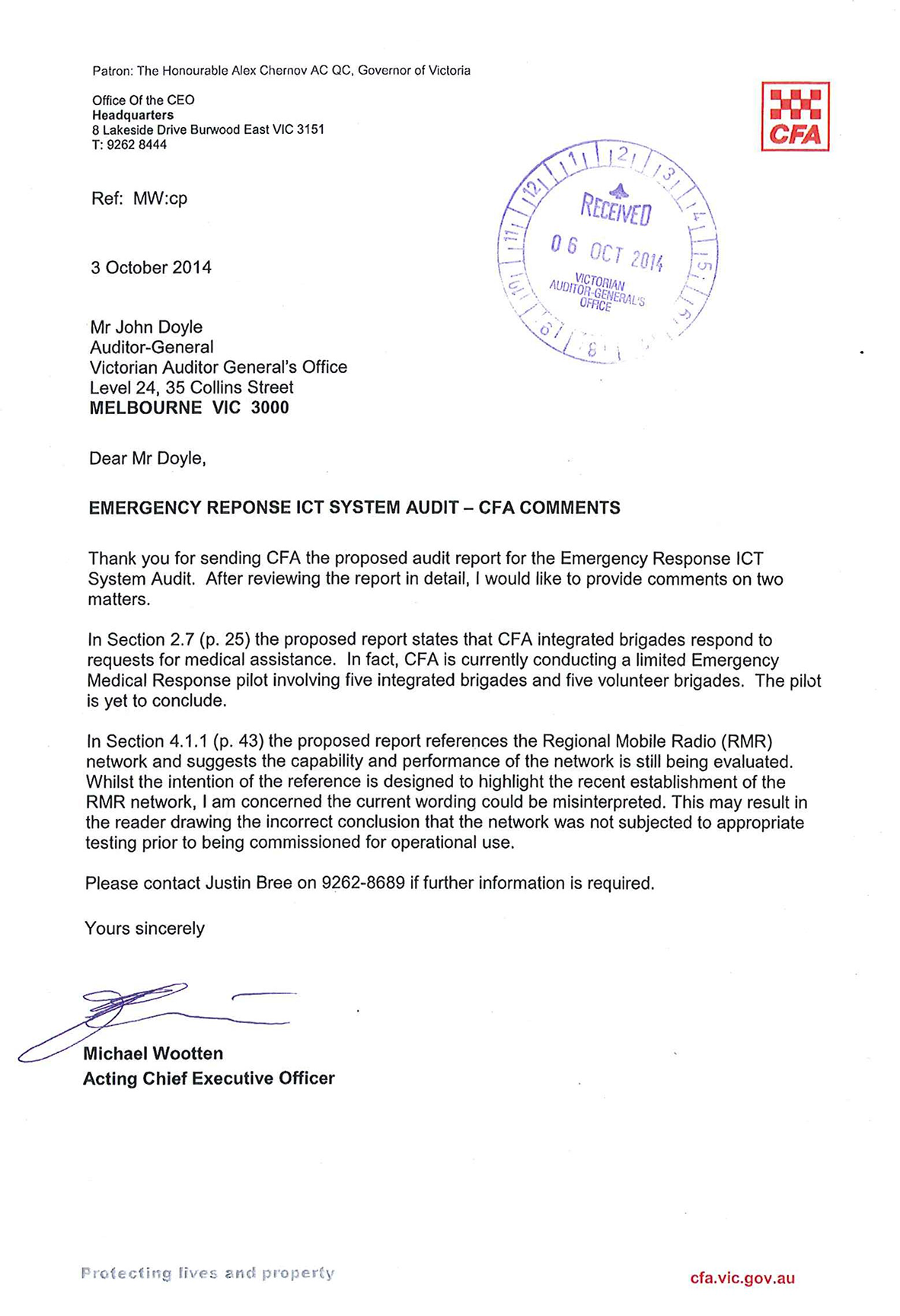 Image shows response provided by the Acting Chief Executive Officer, Country Fire Authority