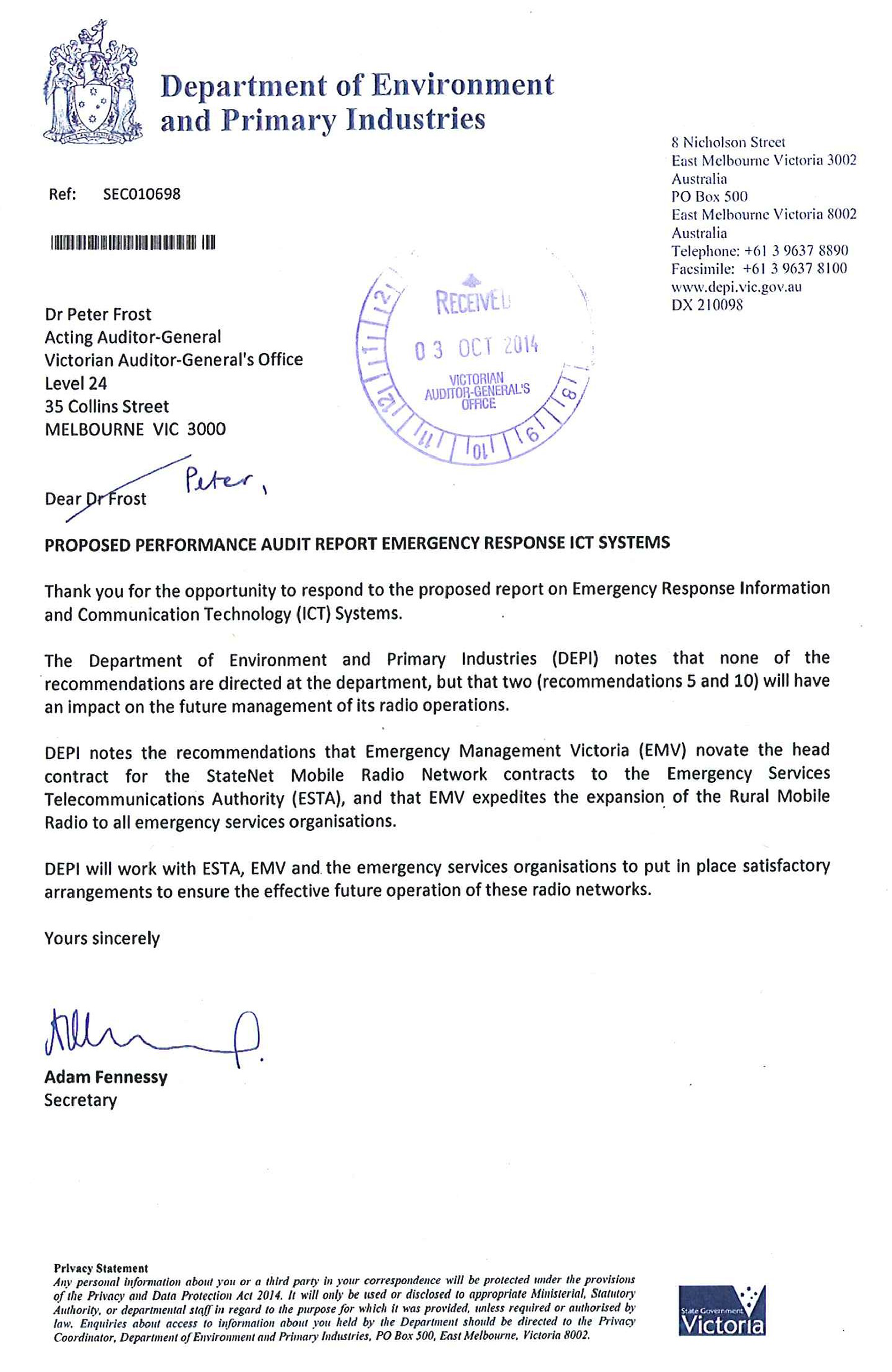 Image shows response provided by the Secretary, Department of Environment and Primary Industries