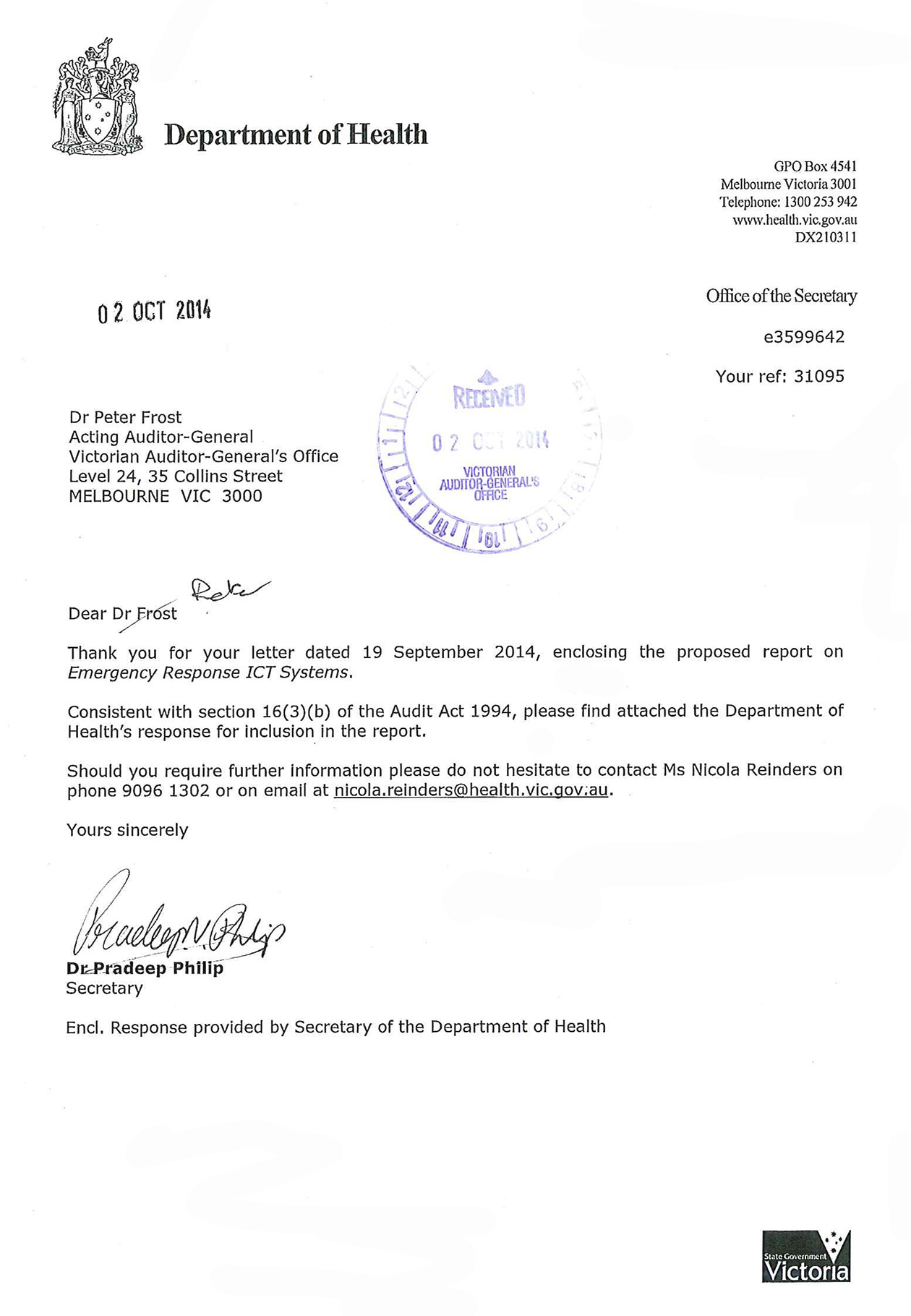Image shows response provided by the Secretary, Department of Health