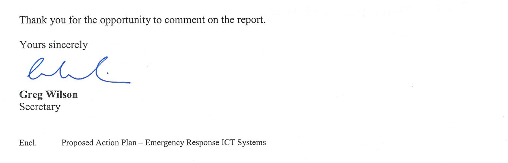 Image shows response provided by the Secretary, Department of Justice