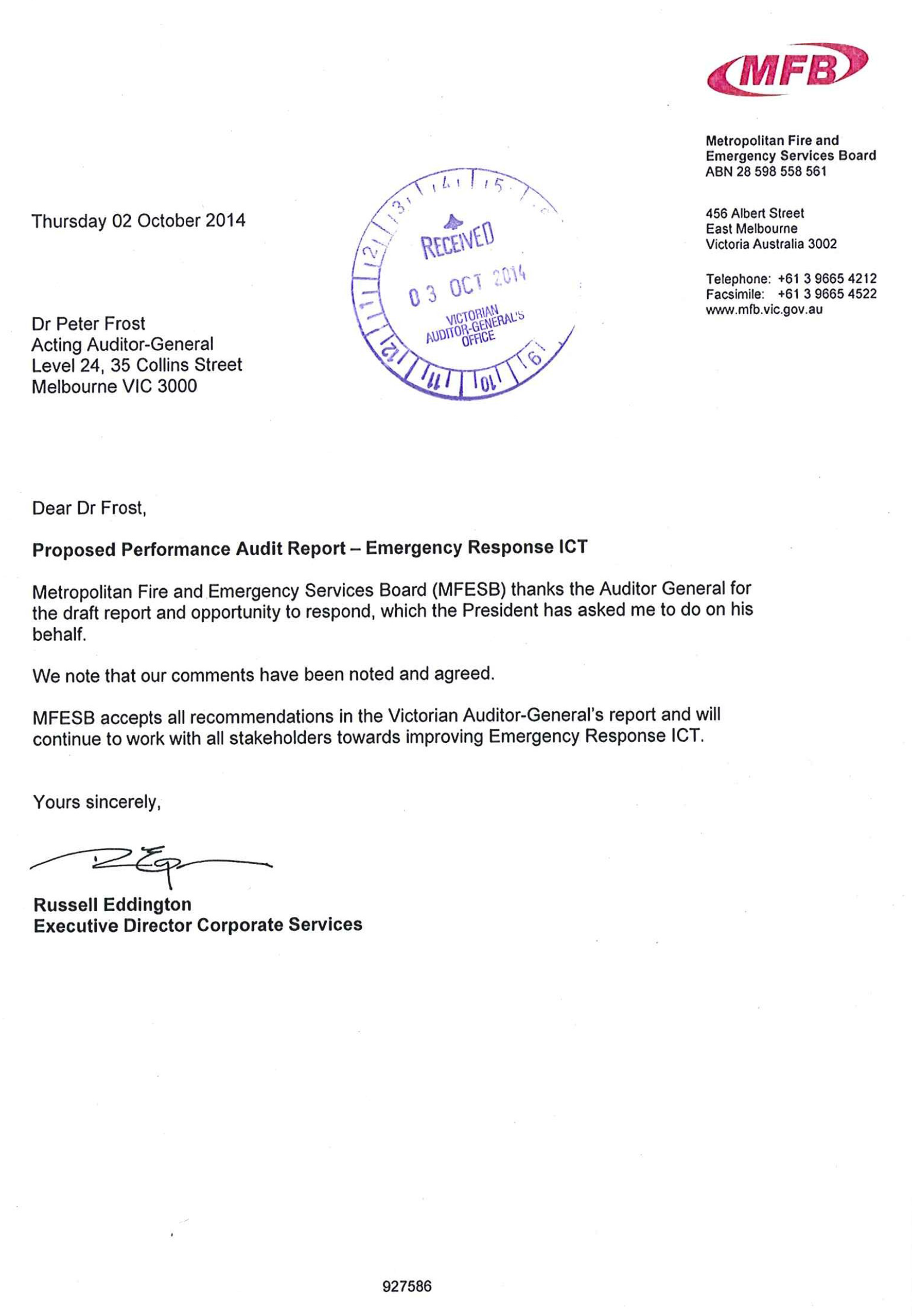 Image shows response provided by the Executive Director Corporate Services, Metropolitan Fire and Emergency Services Board