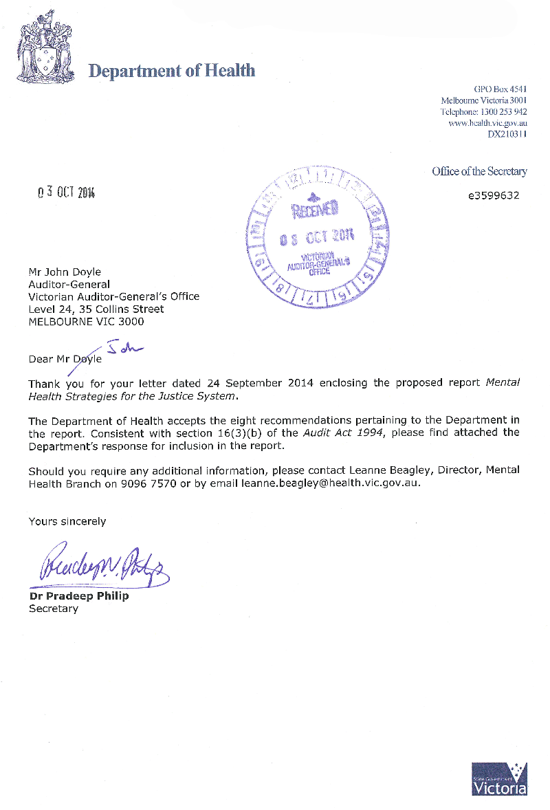 Image shows the response provided by the Secretary, Department of Health