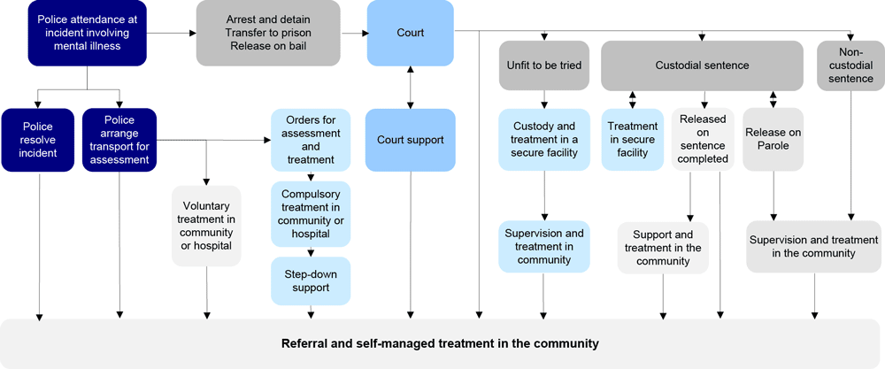 People with a mental illness who come into contact with the criminal justice system may take various pathways through the criminal justice and mental health systems, as shown in Figure 1B.