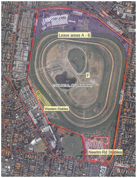 Image shows leased areas at the Caulfield Racecourse Reserve. 
Map courtesy of the Caulfield Racecourse Reserve Trust.