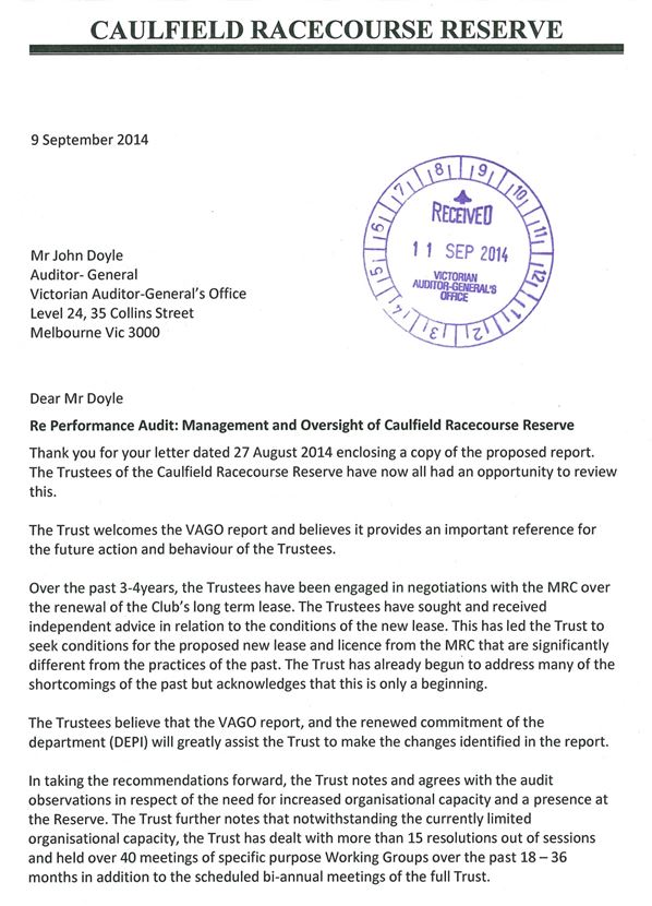 Image shows RESPONSE provided by the

Chairman, Caulfield Racecourse Reserve Trust