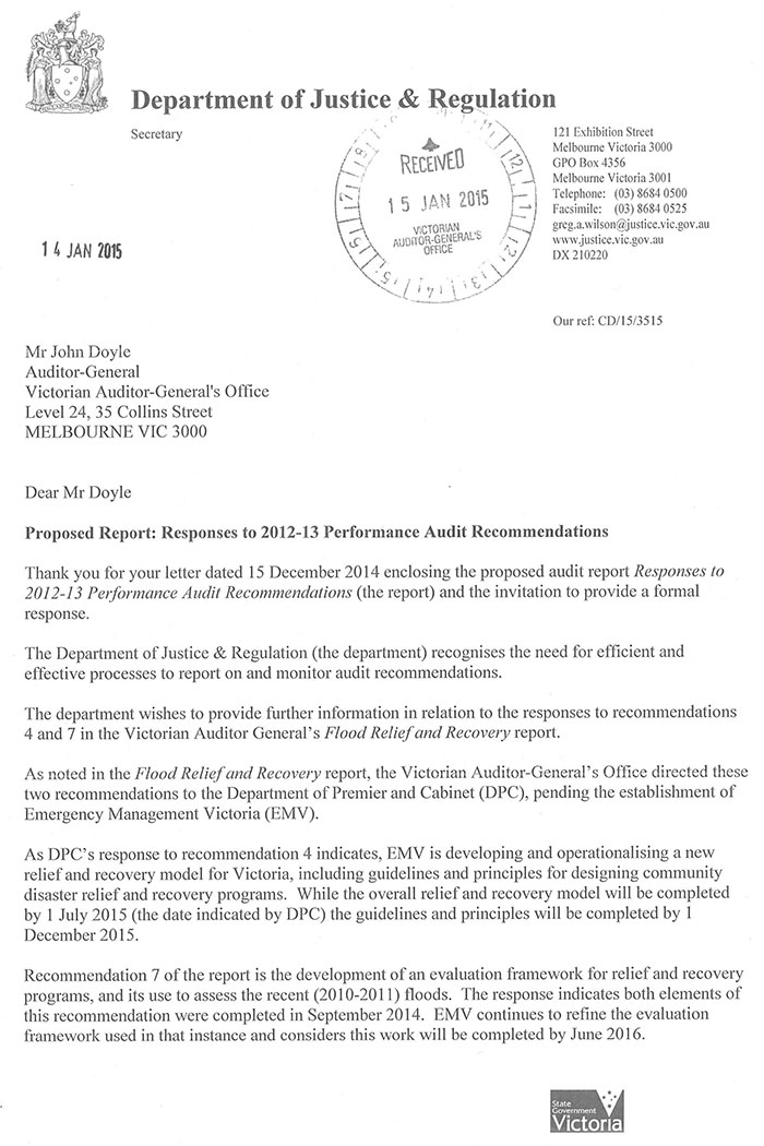 Response provided by the Secretary, Department of Justice & Regulation.