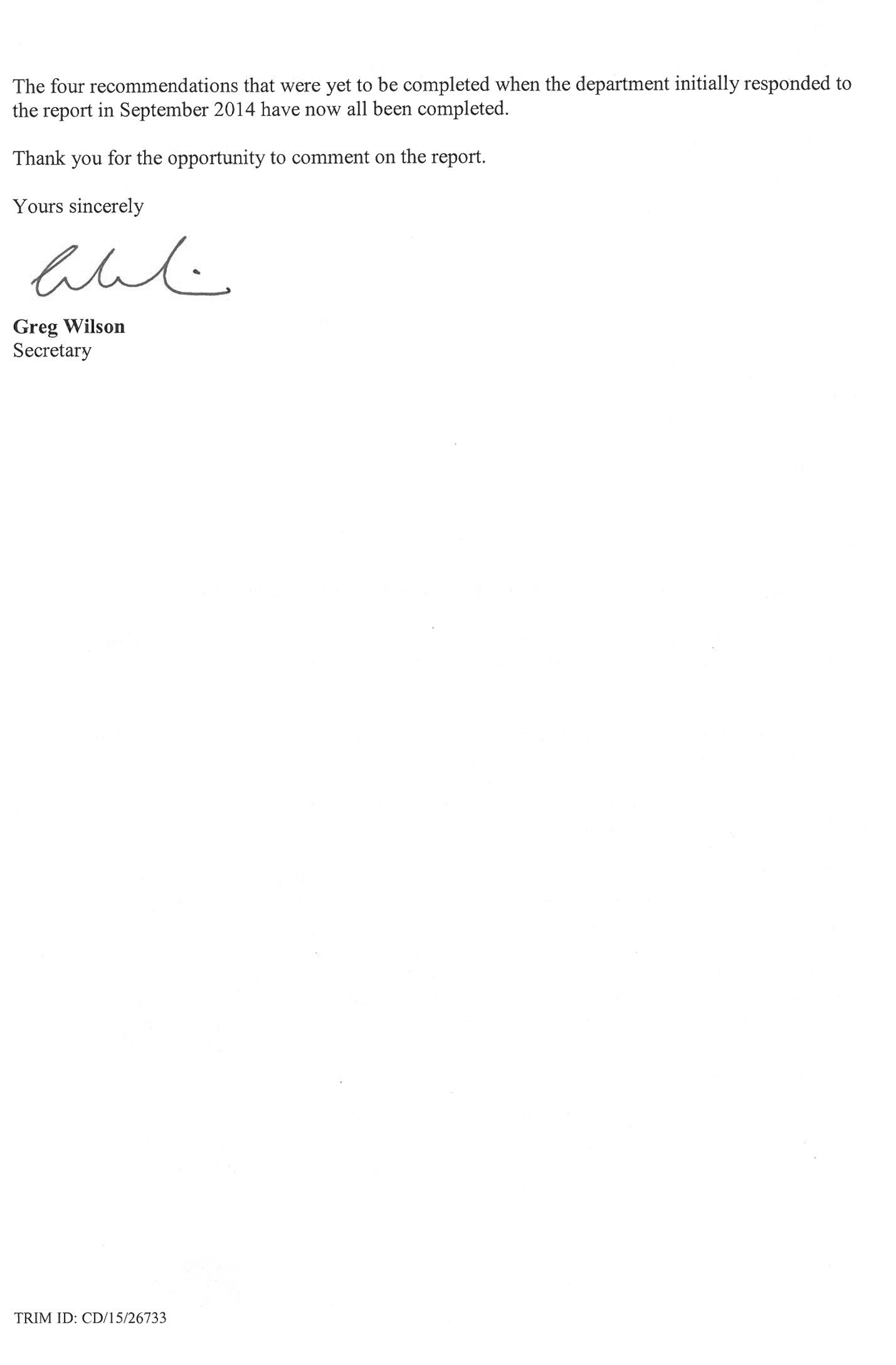 Response provided by the Secretary, Department of Justice & Regulation.