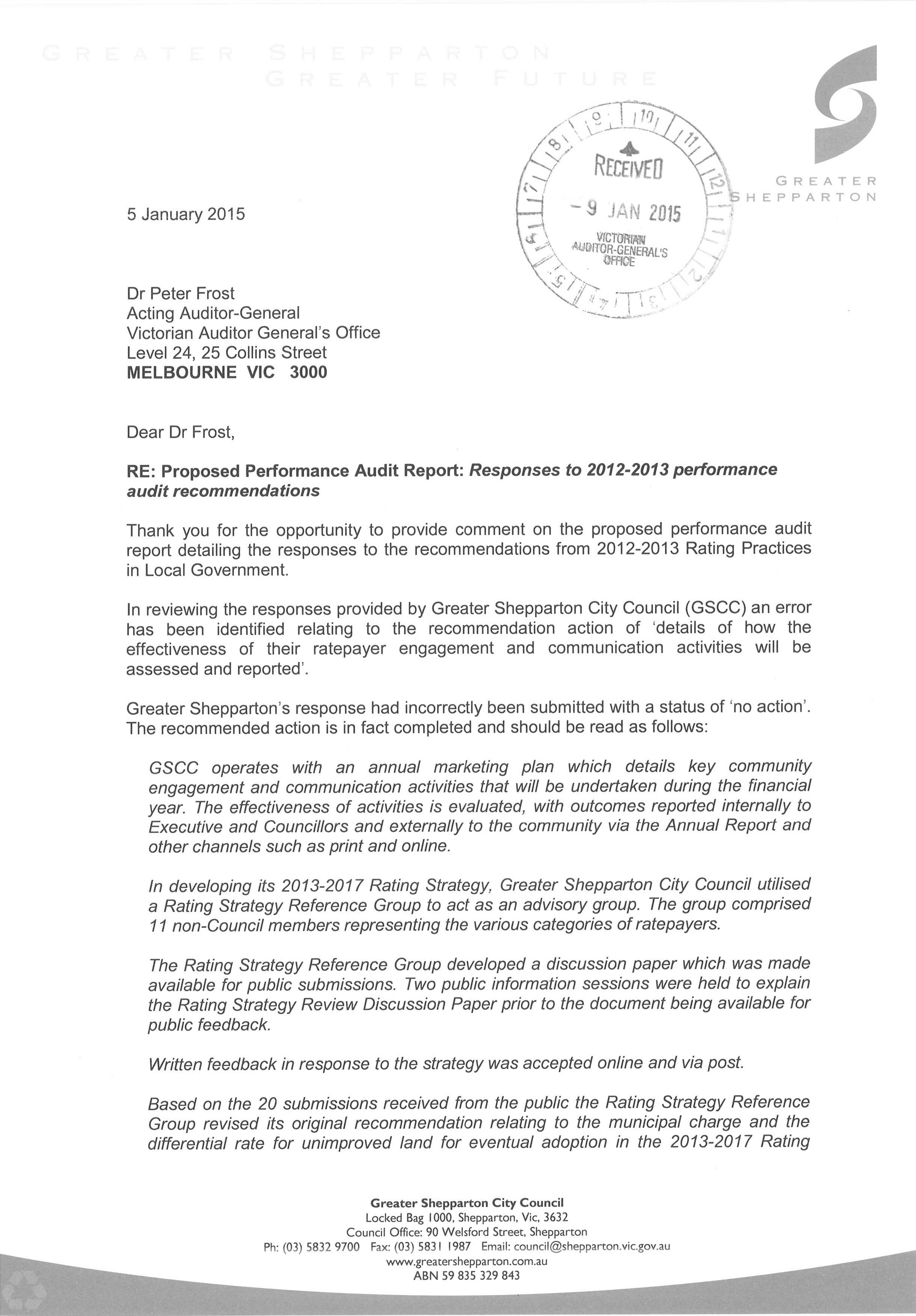 Response provided by the Chief Executive Officer, Greater Shepparton City Council.