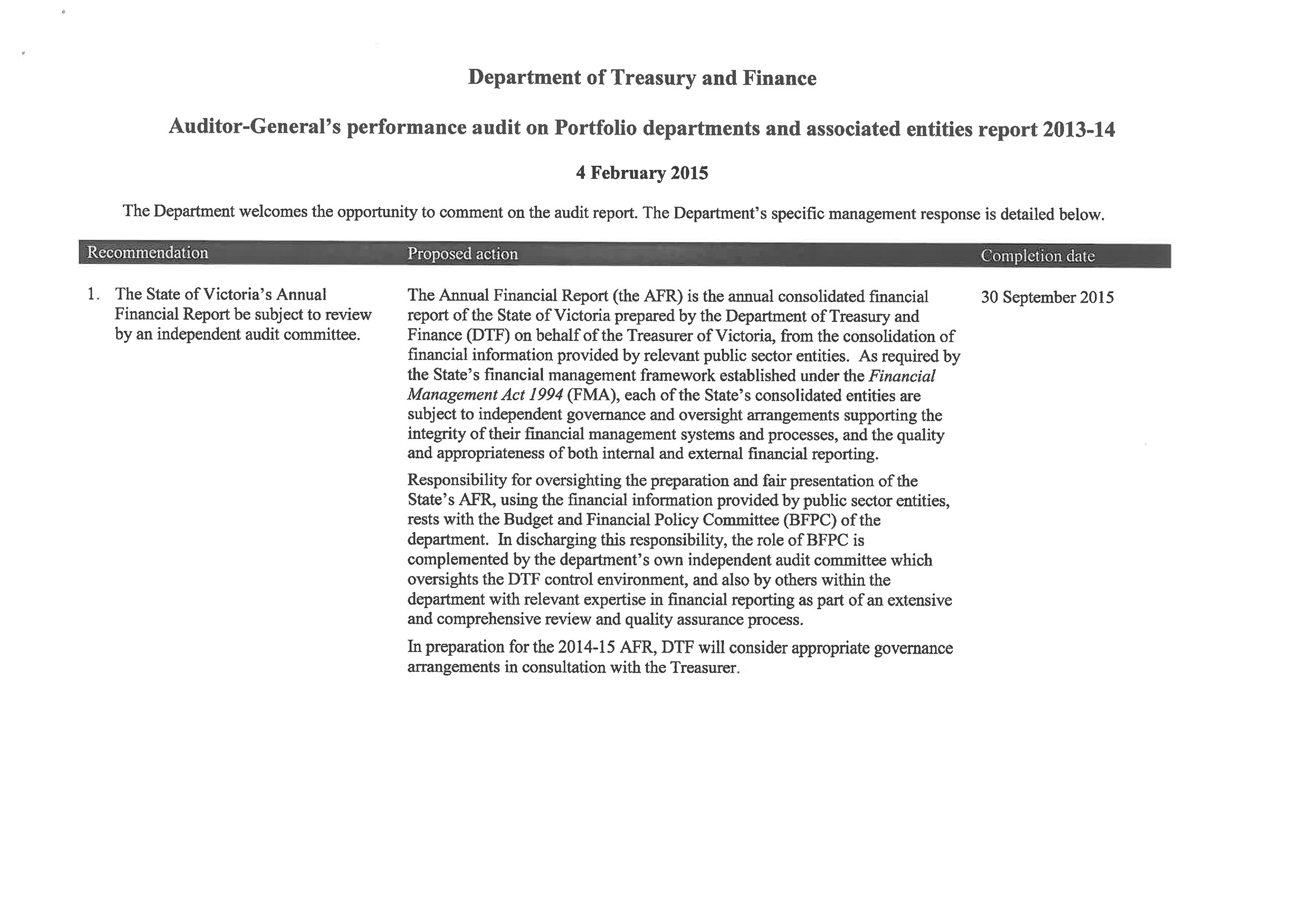  RESPONSE provided by the
Secretary, Department of Treasury and Finance