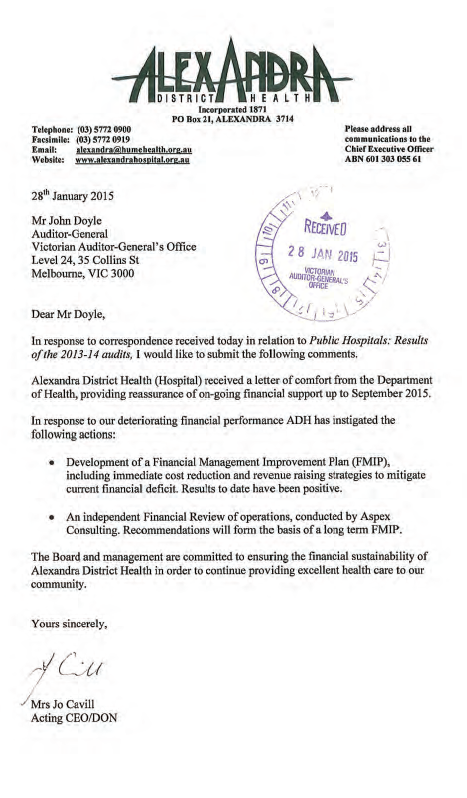 RESPONSE provided by the Acting
CEO/DON Alexandra District Health