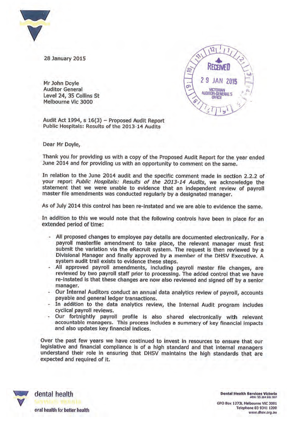 RESPONSE provided by the Chief
Executive Officer, Dental Health Services Victoria