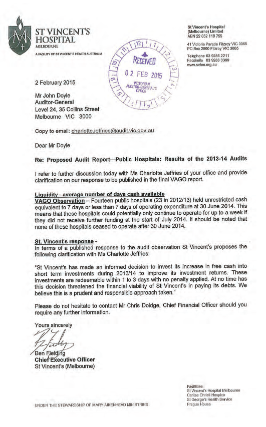 RESPONSE provided by the Chief
Executive Officer, St Vincent's Hospital