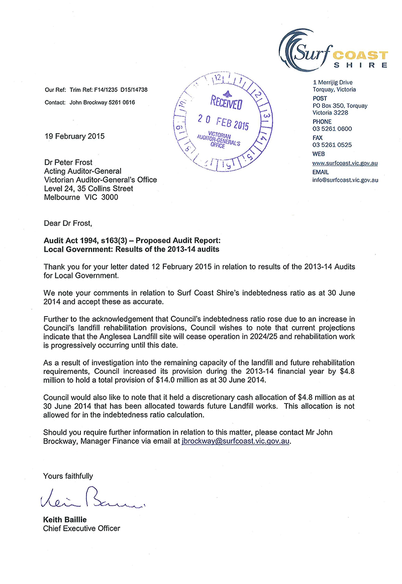 Response provided by the
Chief
Executive Officer, Surf Coast Shire