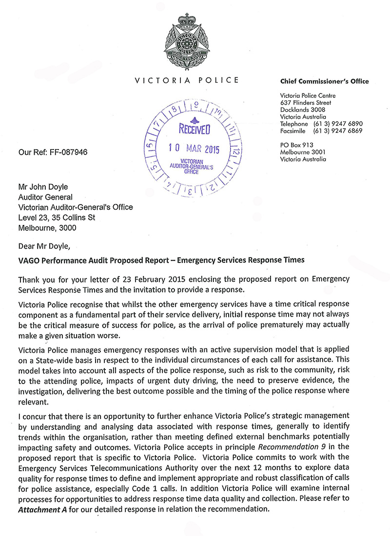 Response from Victoria Police, page 1.