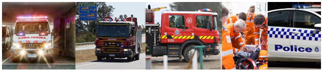 From left to right: Photographs courtesy of Ambulance Victoria, the Country Fire Authority, the Metropolitan Fire and Emergency Services Board, the Victoria State Emergency Service and ChameleonsEye / Shutterstock.com