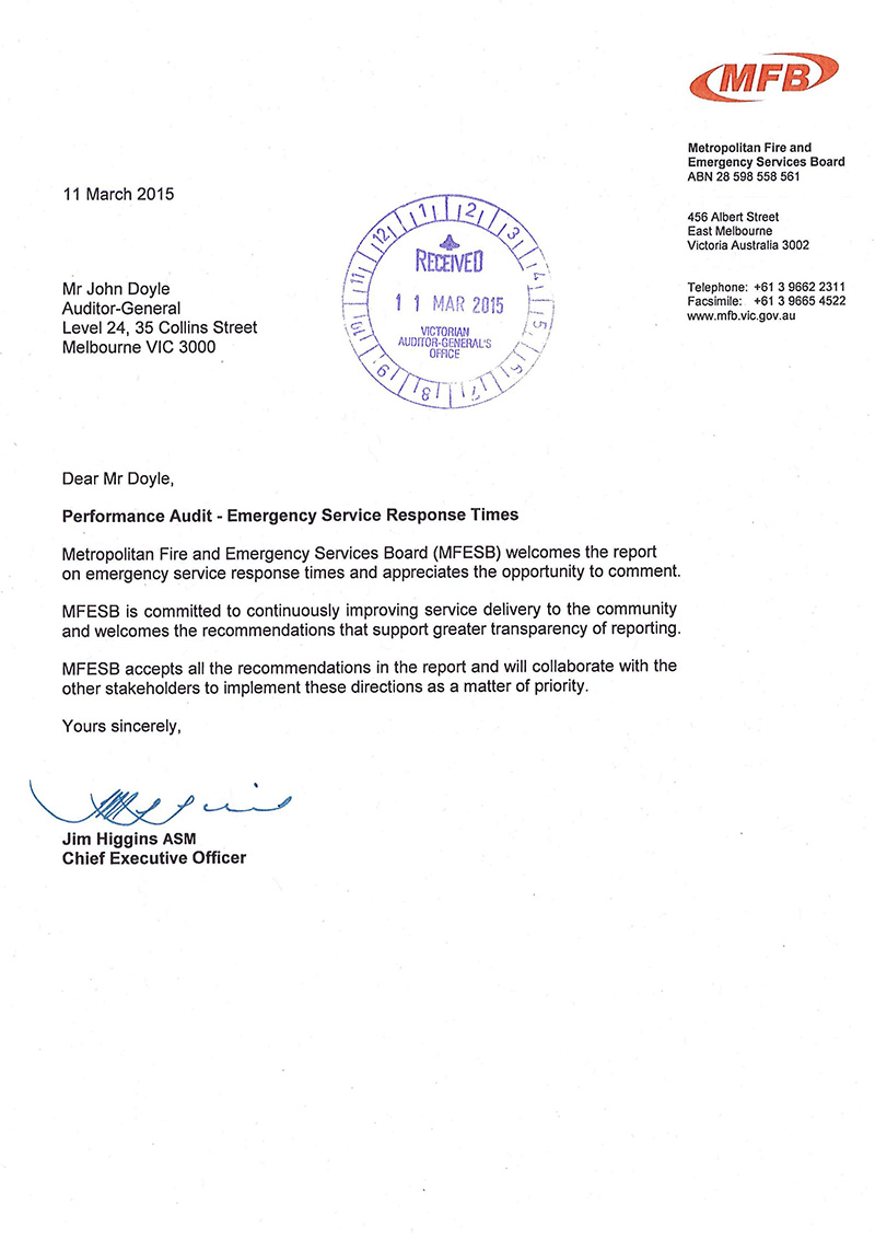 Response provided by the Chief Executive Officer, Metropolitan Fire and Emergency Services Board, page 1.